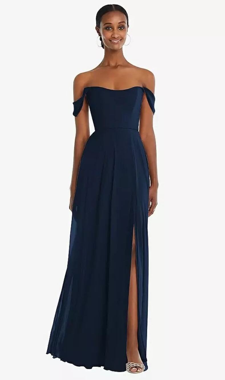 2829 NWT After 6 1560 Off-the-Shoulder Basque Neck Maxi Dress w/Flounce Sleeves